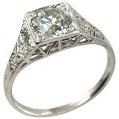 Art Deco 1.01 Carat Old European Cut Diamond Platinum Engagement Ring