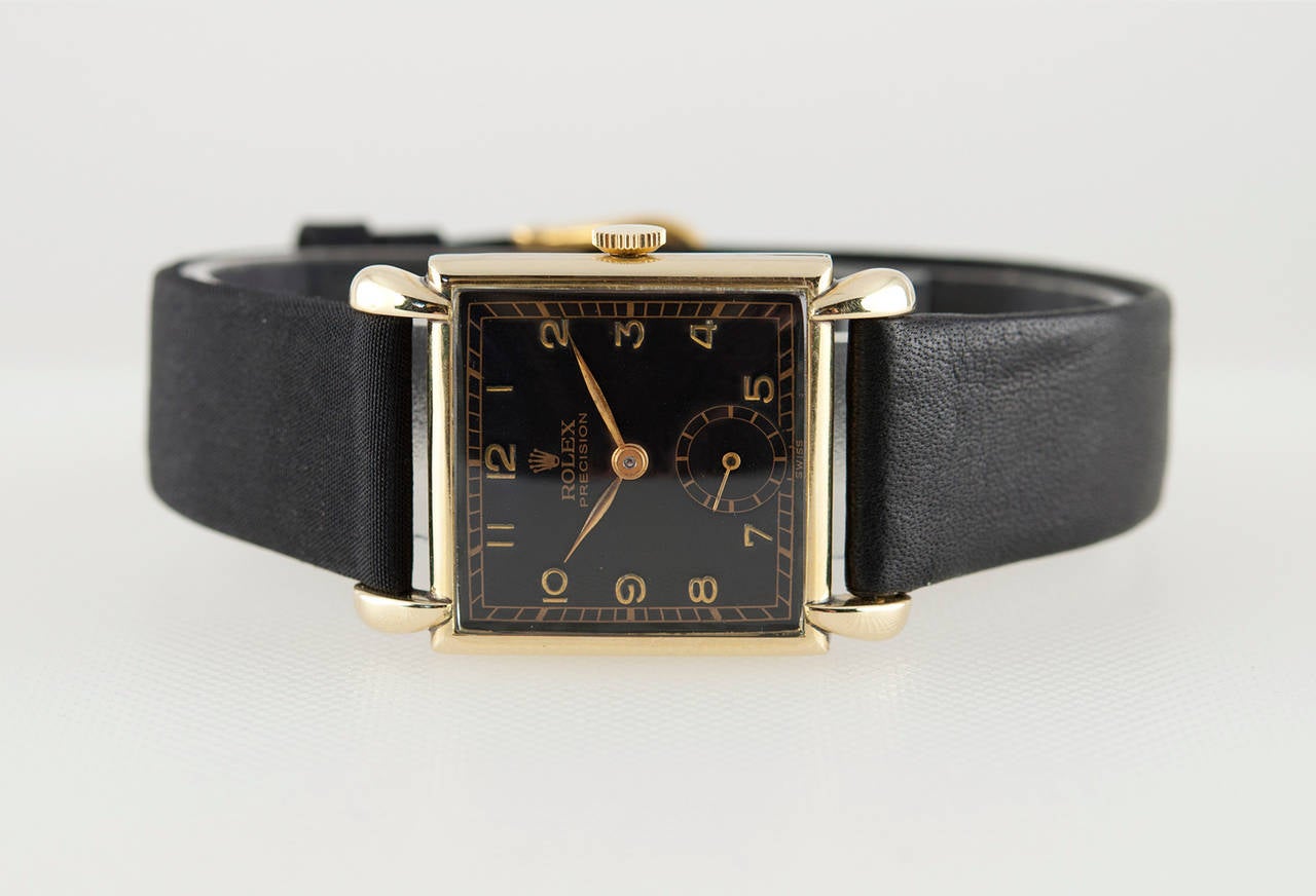 Rolex Gold and Steel Square Wristwatch with Black Dial Ref 4578 circa 1940s 1