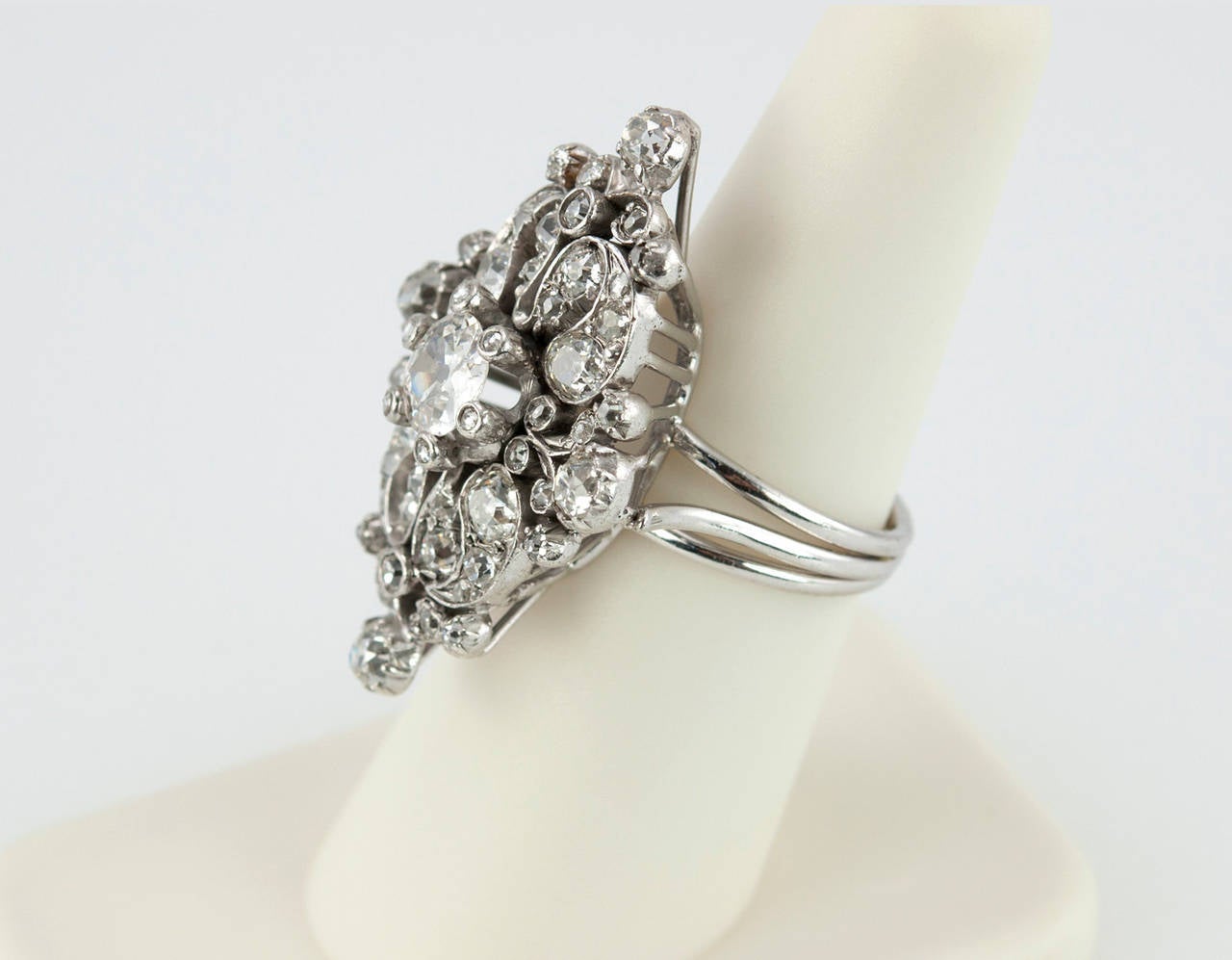 Old Mine Cut Diamond and Platinum Ring For Sale 4