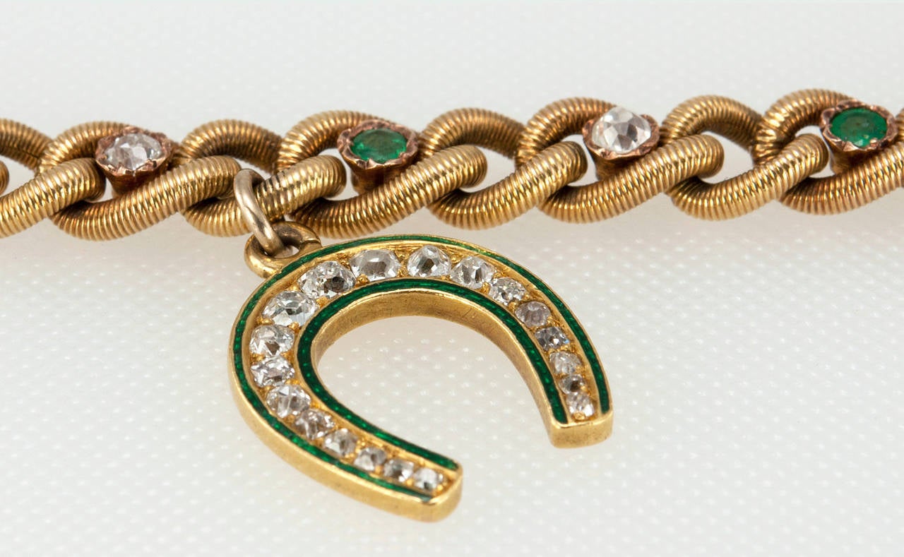Women's Victorian Emerald Diamond Gold Bracelet with Horseshoe Charm