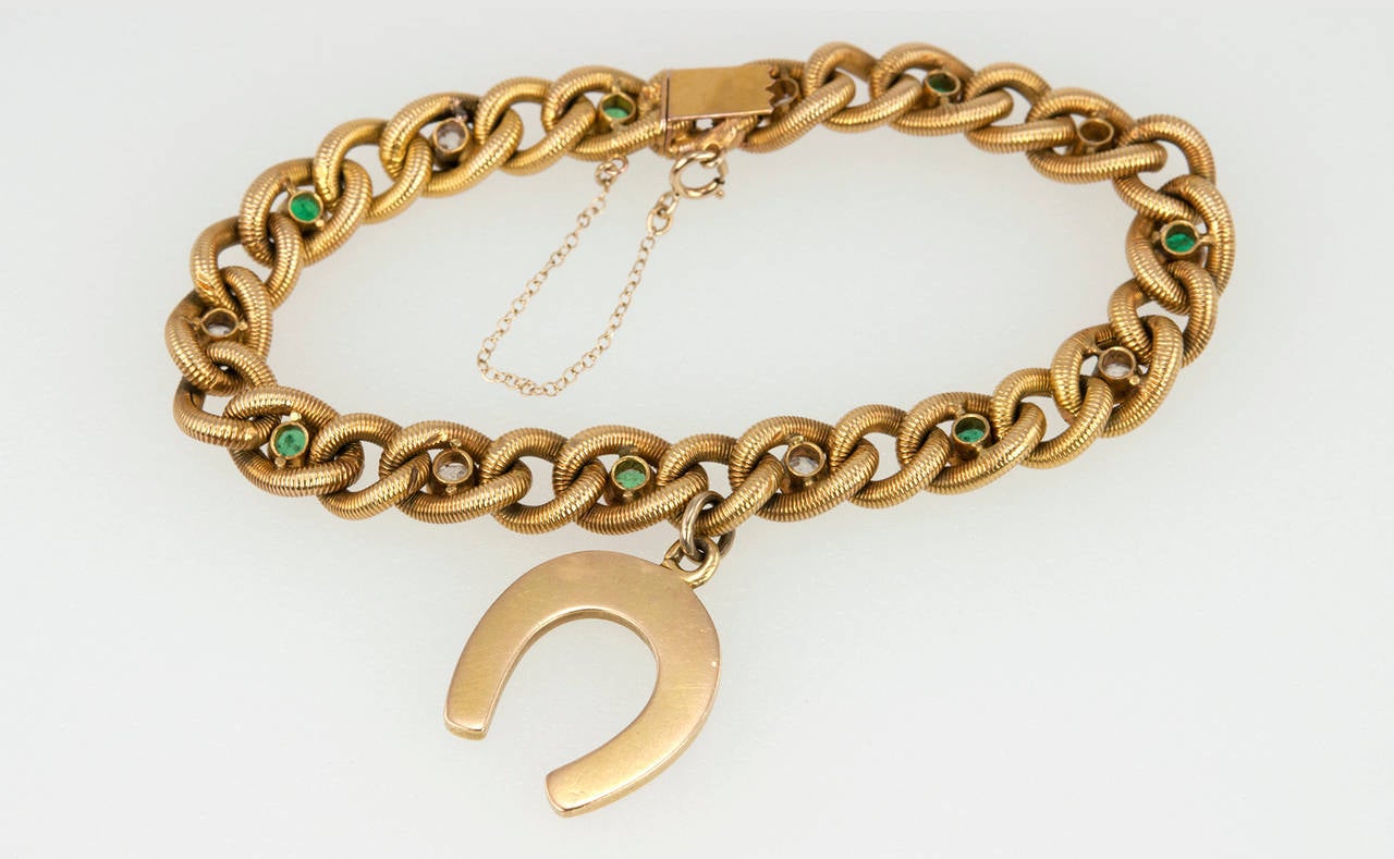 Victorian Emerald Diamond Gold Bracelet with Horseshoe Charm 5