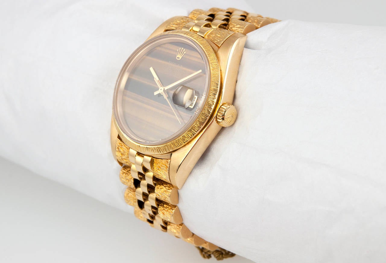 Rolex Yellow Gold Datejust Wristwatch with Tiger's-Eye Dial Ref 16018 circa 1978
