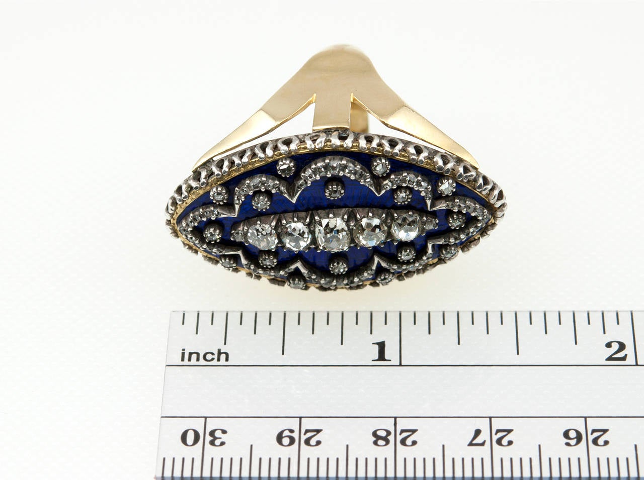 Victorian Navette Shaped Blue Enamel Diamond Ring For Sale