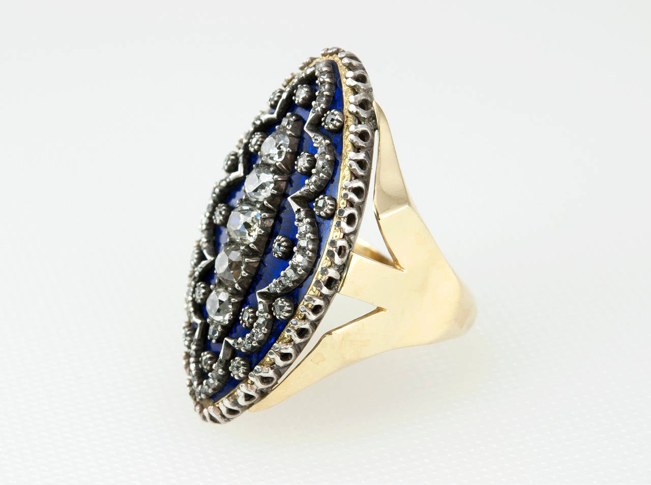 Navette Shaped Blue Enamel Diamond Ring In Excellent Condition For Sale In Los Angeles, CA