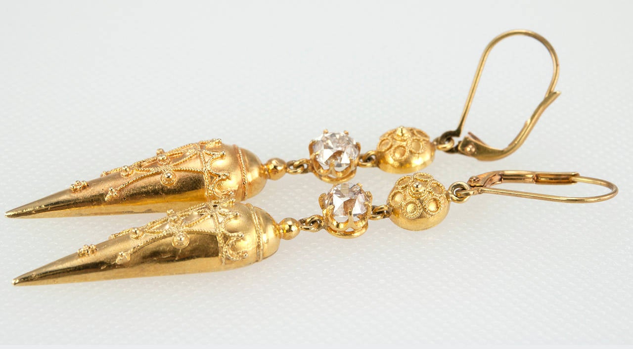 Victorian Etruscan Revival Earrings in Gold with Old Mine Cut Diamonds In Excellent Condition For Sale In Los Angeles, CA
