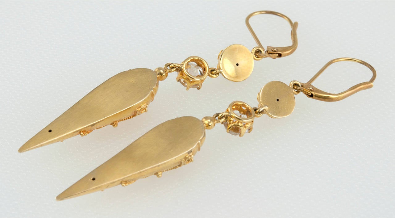 Women's Victorian Etruscan Revival Earrings in Gold with Old Mine Cut Diamonds For Sale