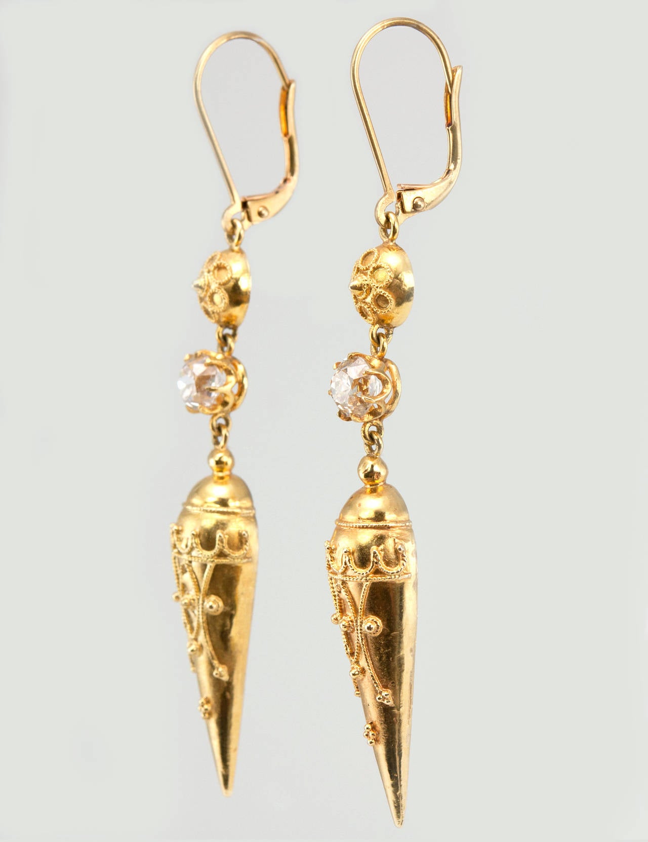 Victorian Etruscan Revival Earrings in Gold with Old Mine Cut Diamonds For Sale 1