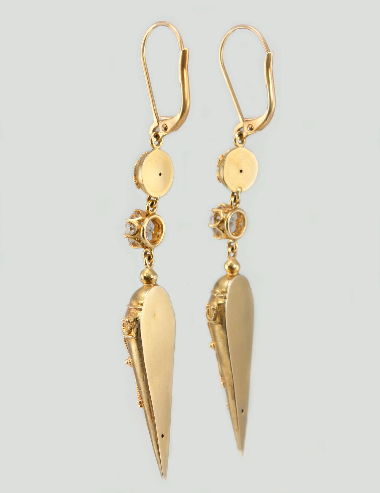 Victorian Etruscan Revival Earrings in Gold with Old Mine Cut Diamonds For Sale 2