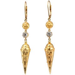 Victorian Etruscan Revival Earrings in Gold with Old Mine Cut Diamonds