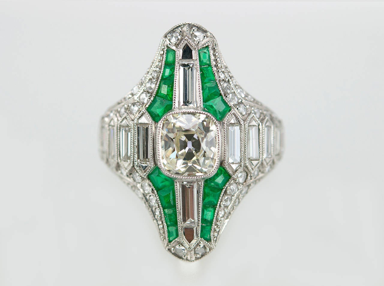 Art Deco Emerald Diamond Platinum Navette Ring For Sale