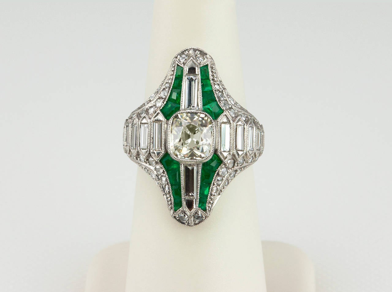 Women's Emerald Diamond Platinum Navette Ring For Sale