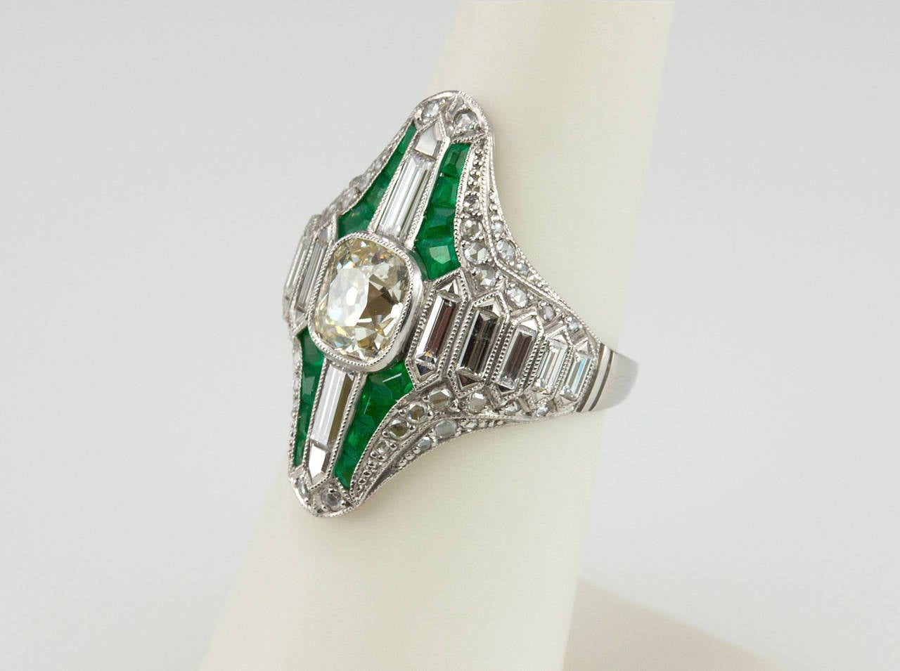 Emerald Diamond Platinum Navette Ring For Sale 1