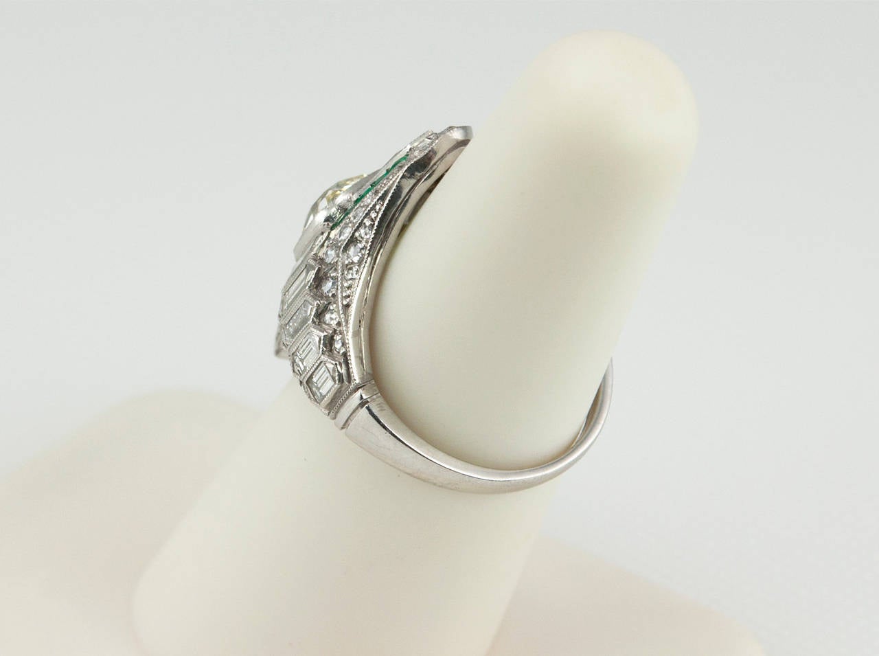 Emerald Diamond Platinum Navette Ring For Sale 2