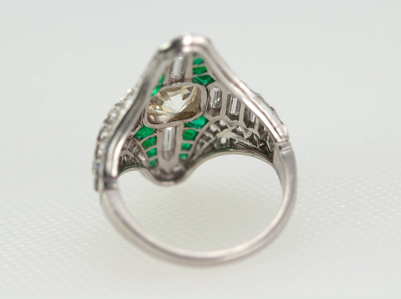 Emerald Diamond Platinum Navette Ring For Sale 3