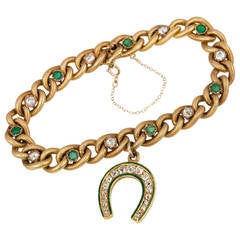 Antique Victorian Emerald Diamond Gold Bracelet with Horseshoe Charm