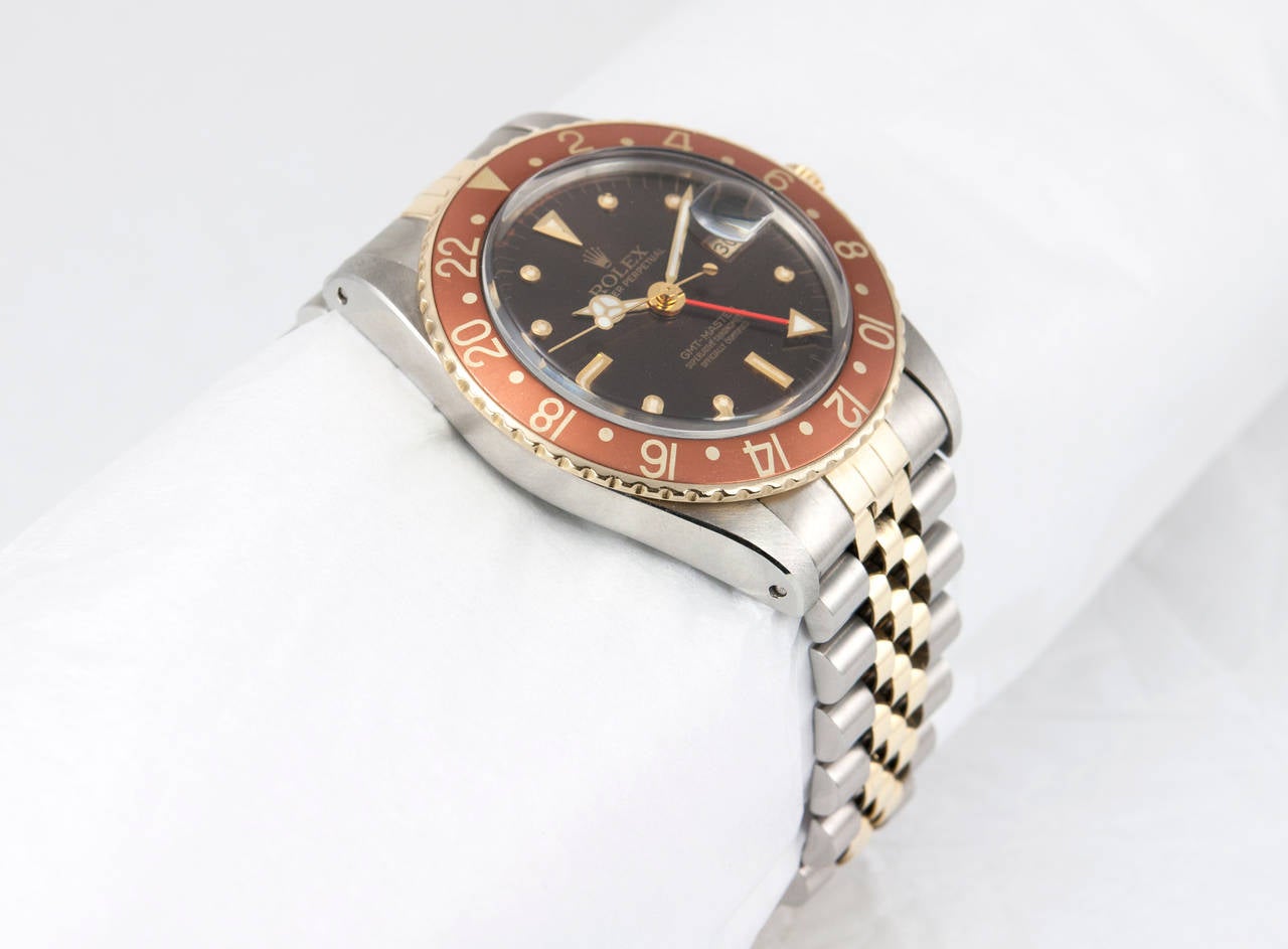 Rolex Stainless Steel and Yellow Gold GMT-Master Wristwatch Ref 16753  1982 In Good Condition In Los Angeles, CA