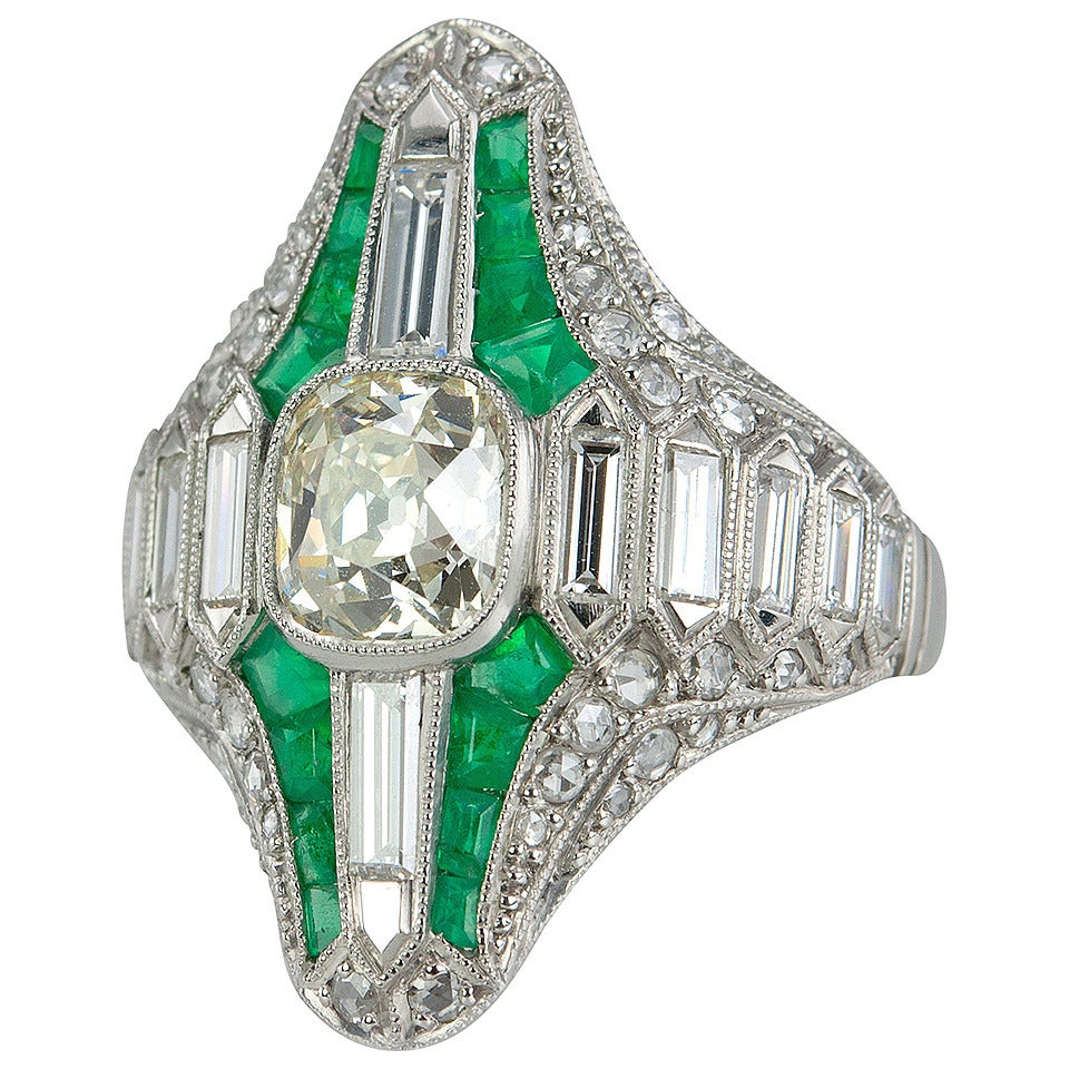 Emerald Diamond Platinum Navette Ring For Sale