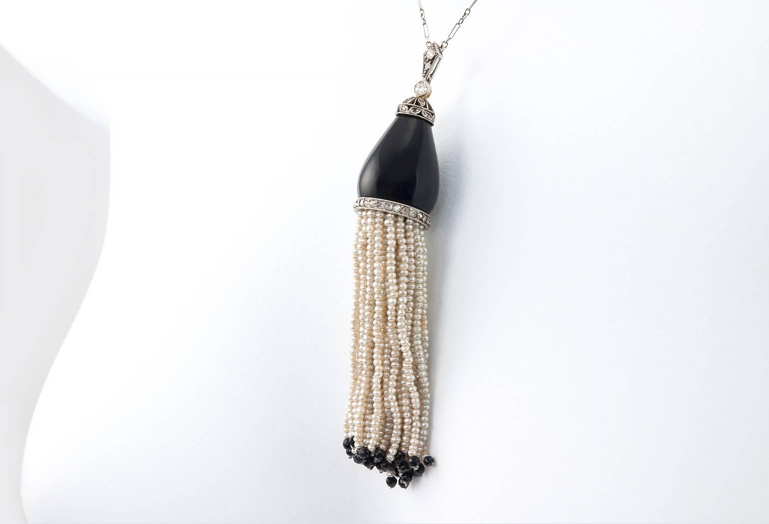 Ghiso Sautoir with Pearls, Onyx, and Diamonds, Circa 1920s In Excellent Condition For Sale In Los Angeles, CA