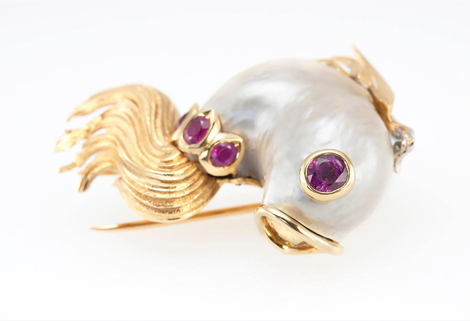 Cartier Pearl Ruby Gold Fish Brooch In Excellent Condition In Los Angeles, CA