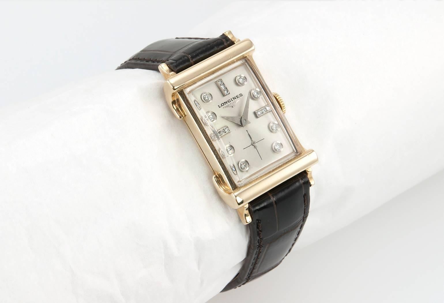Longines Yellow Gold Diamond Rectangular Dress Wristwatch In Excellent Condition In Los Angeles, CA
