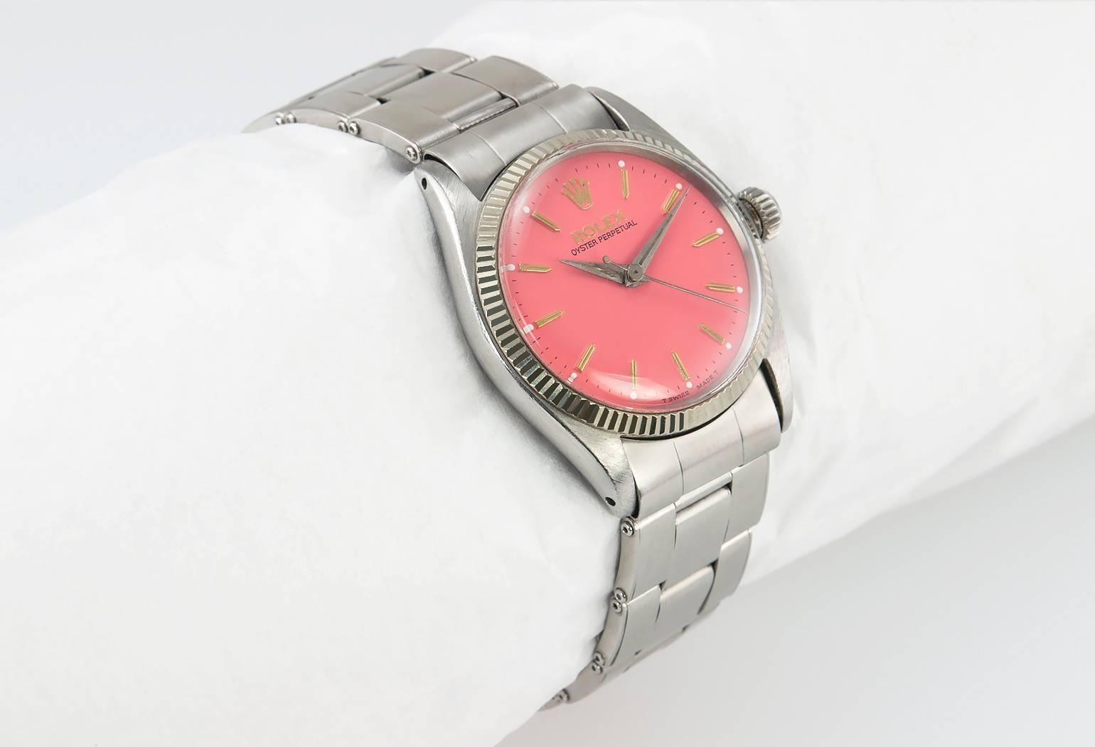 Rolex Lady's Stainless Steel Custom Pink Dial Wristwatch Ref 6551 In Excellent Condition In Los Angeles, CA