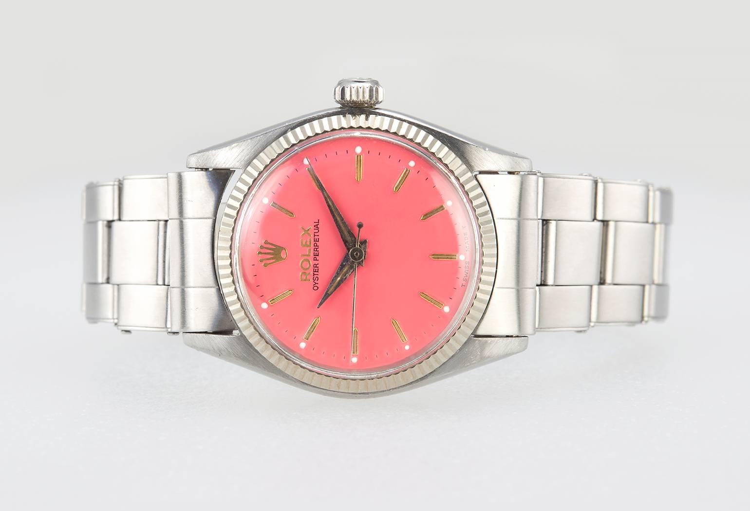 Women's or Men's Rolex Lady's Stainless Steel Custom Pink Dial Wristwatch Ref 6551