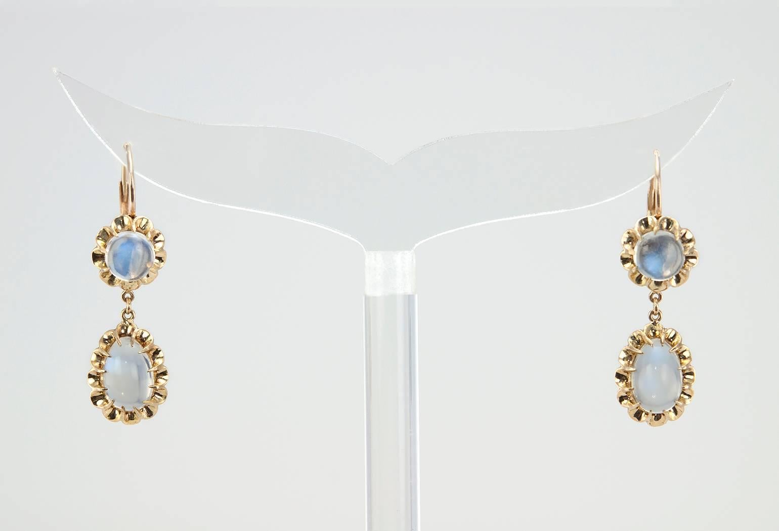 Victorian 1950s Moonstone Gold Dangle Earrings For Sale