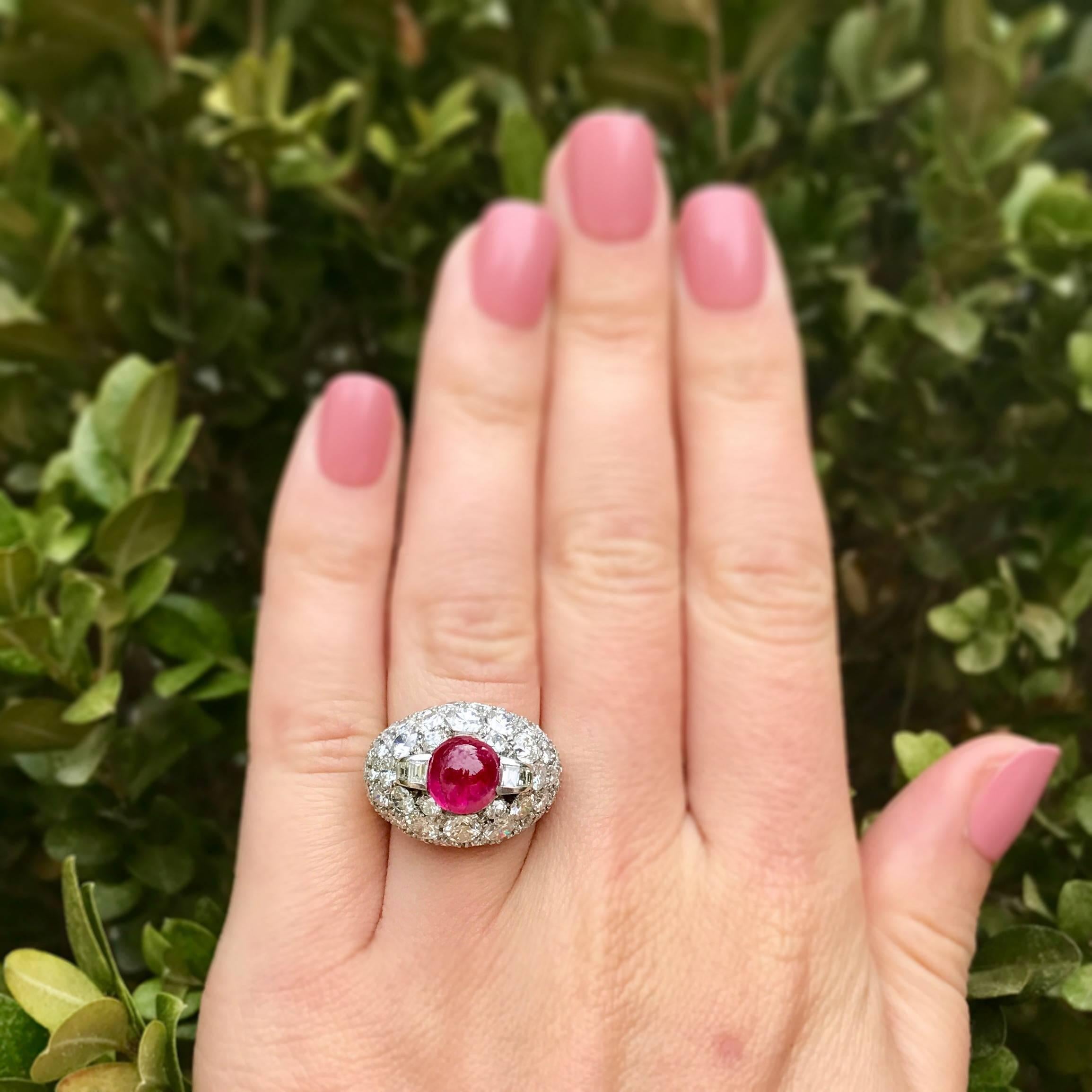 Vintage Diamond Cluster and Ruby Dome Platinum Ring For Sale 3