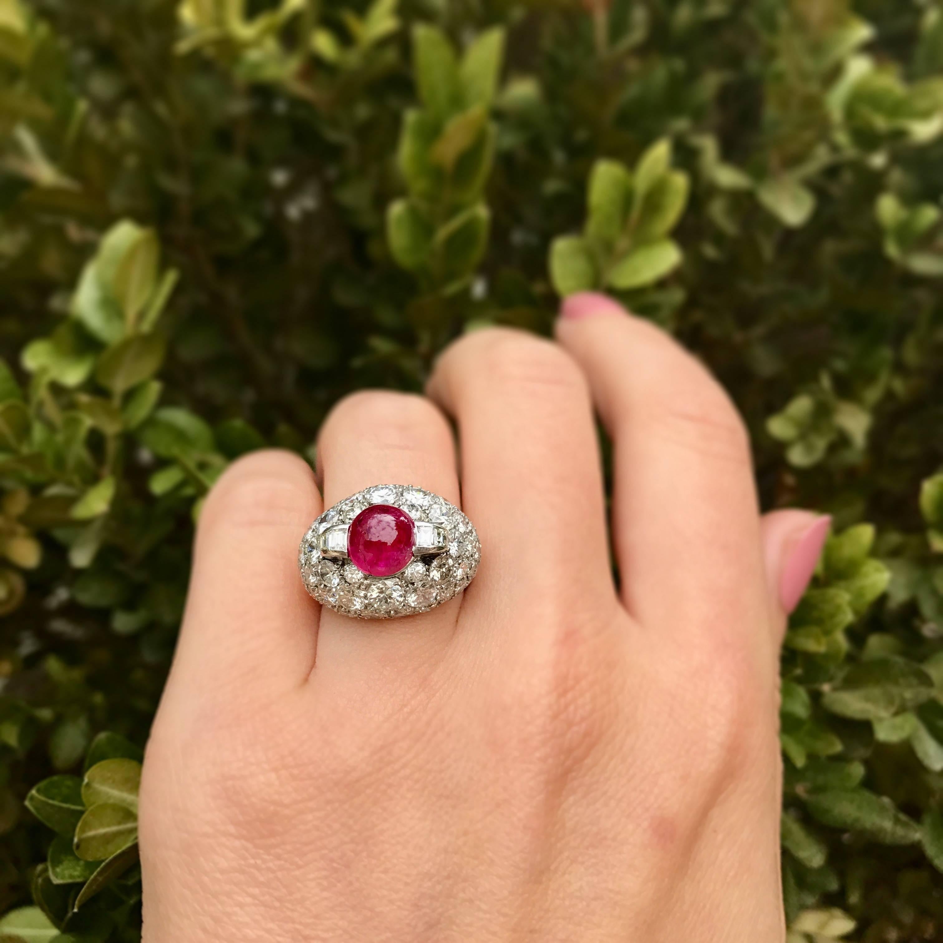 Vintage Diamond Cluster and Ruby Dome Platinum Ring For Sale 4