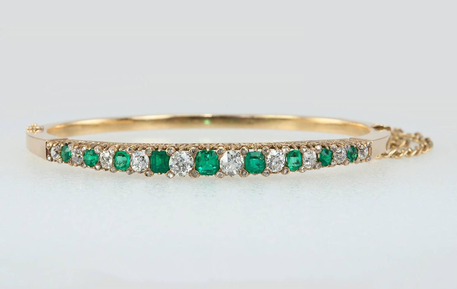 Victorian Emerald Diamond Gold Bangle Bracelet For Sale at 1stdibs