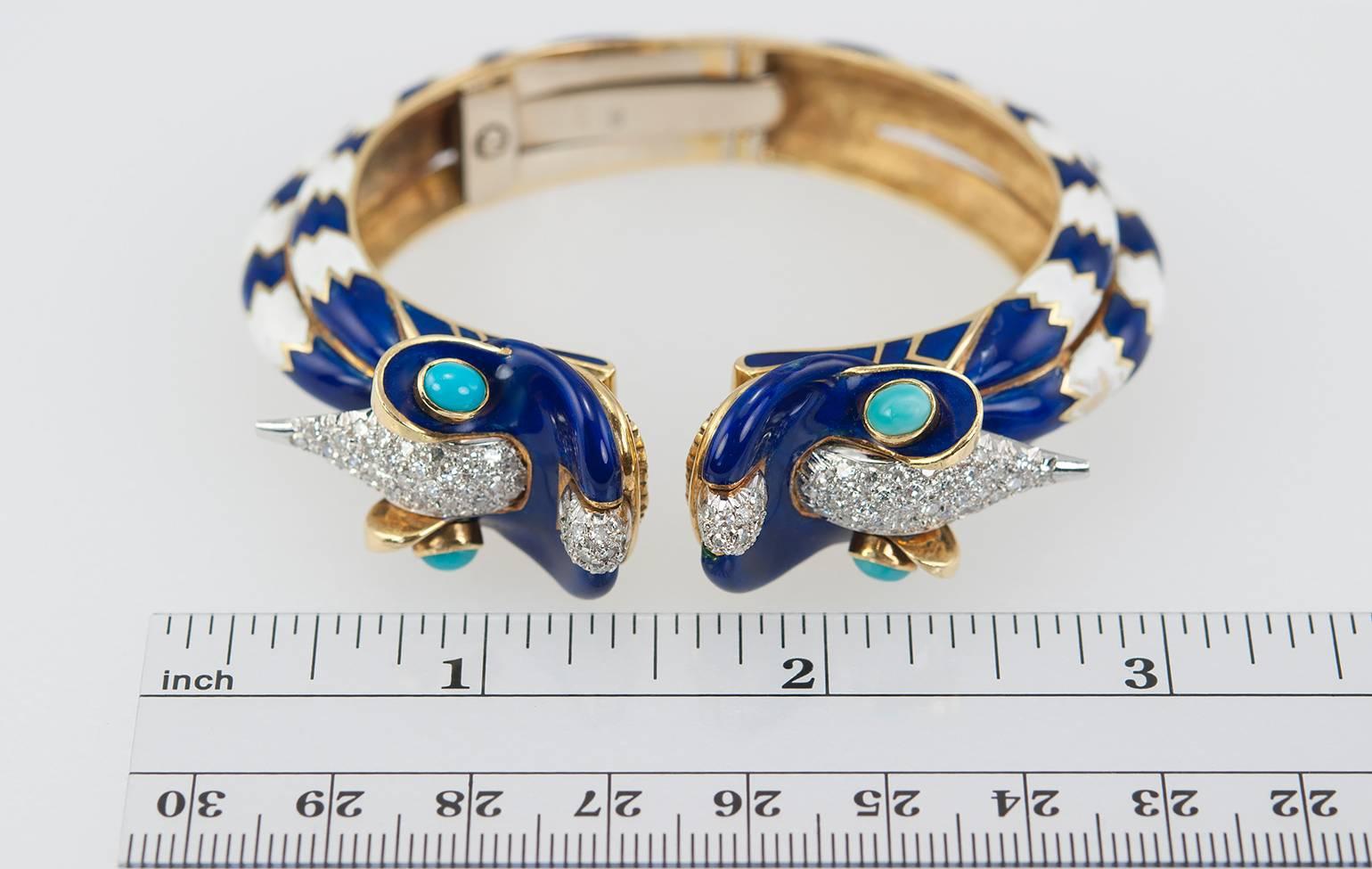 Enamel Turquoise Diamond Double Dragon Gold Bracelet  4