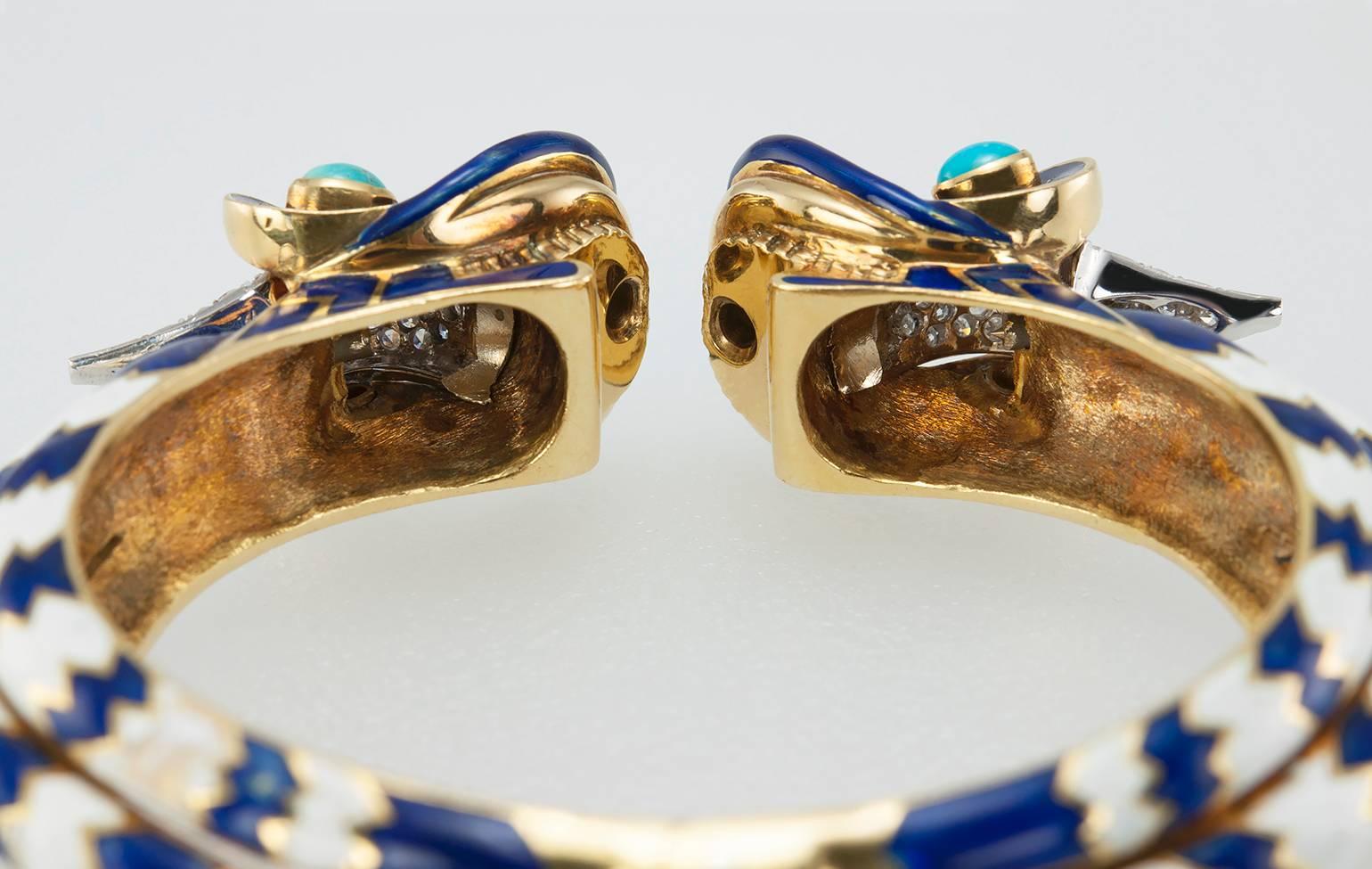 Enamel Turquoise Diamond Double Dragon Gold Bracelet  3