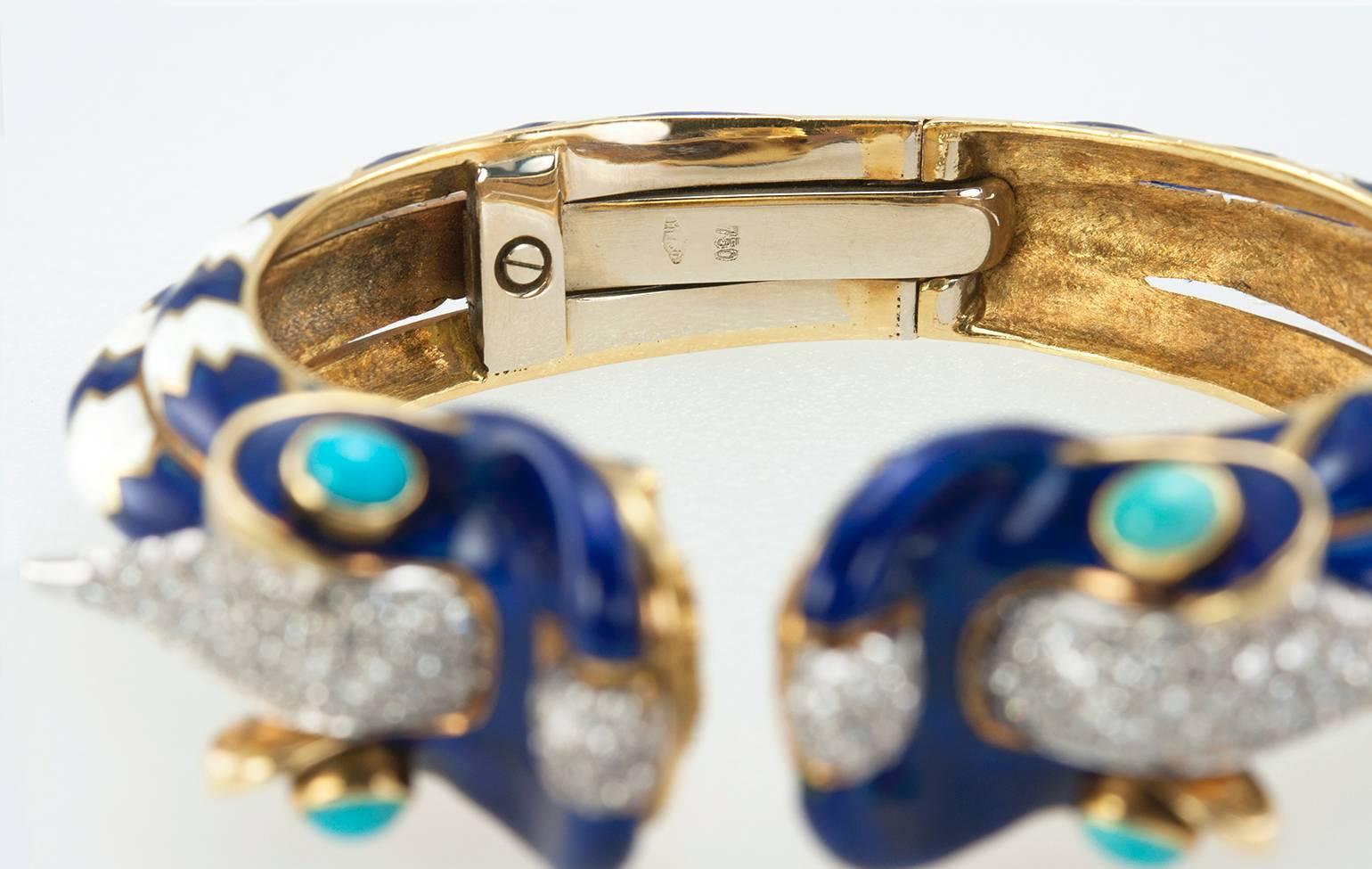 Enamel Turquoise Diamond Double Dragon Gold Bracelet  2