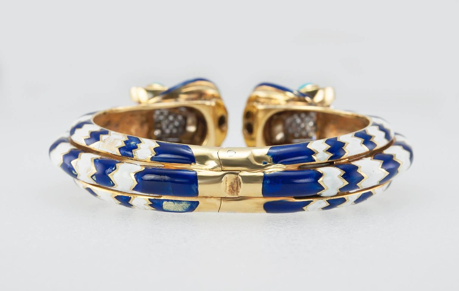 Women's Enamel Turquoise Diamond Double Dragon Gold Bracelet 