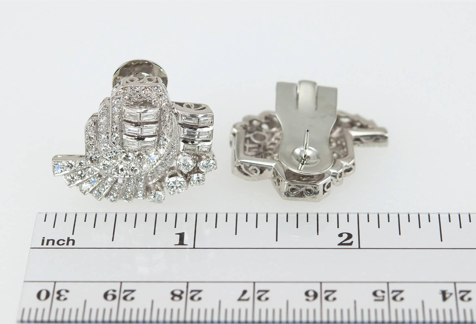 Gorgeous diamond fan-style drop earrings set in platinum with lever-backs.  These earrings really sparkle with round brilliant, single cut and baguette cut diamonds, approximately 4 carats in total diamond weight. Circa 1940s.