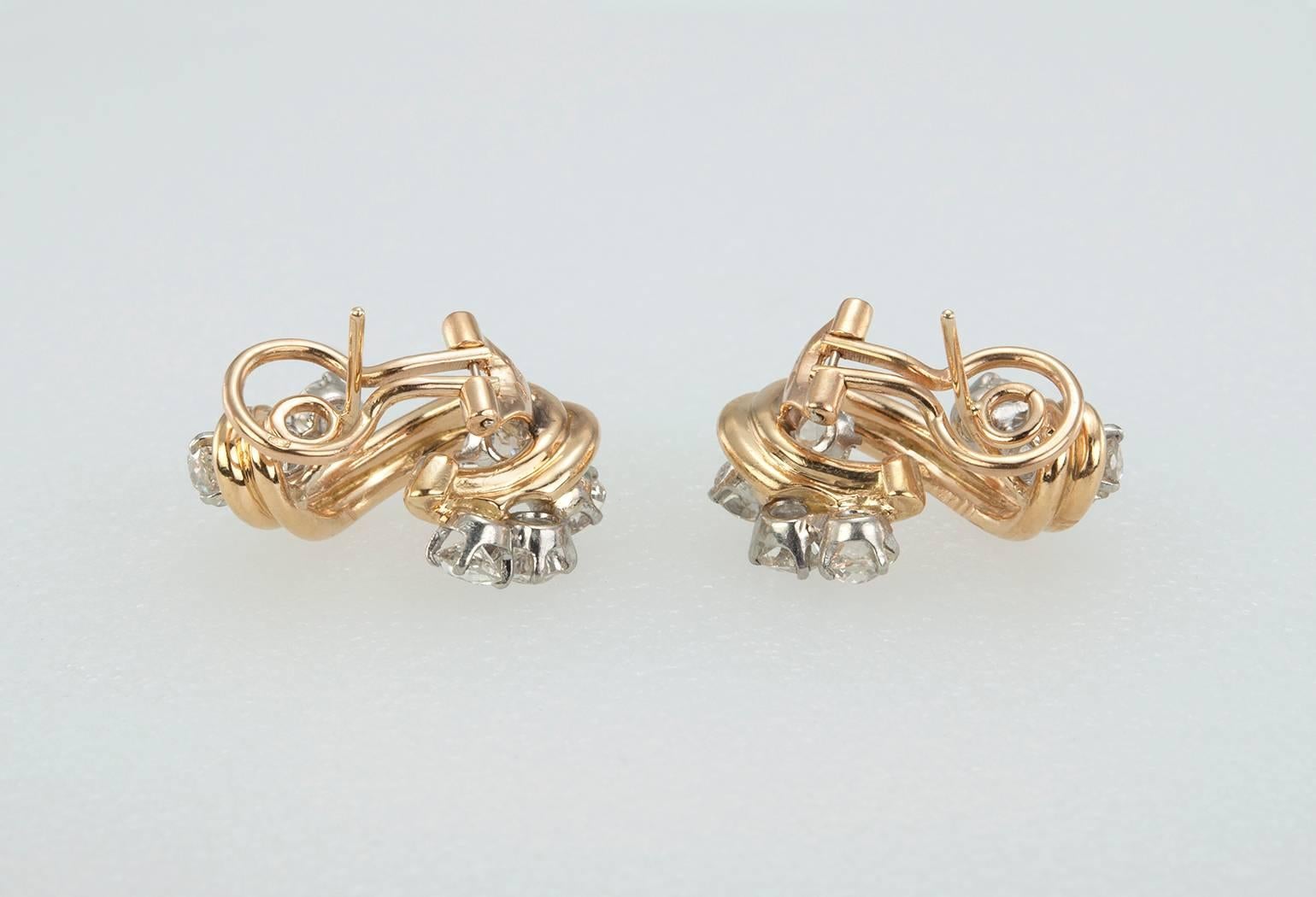 Women's 1950s Old European Cut Diamond Gold Platinum Twist Earrings For Sale