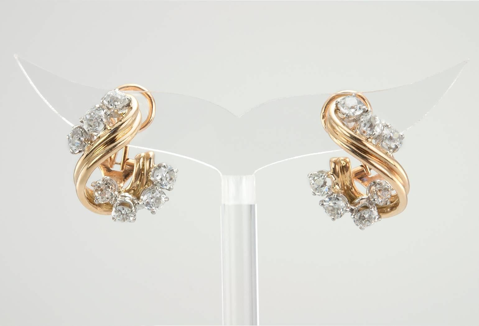 1950s Old European Cut Diamond Gold Platinum Twist Earrings For Sale 1