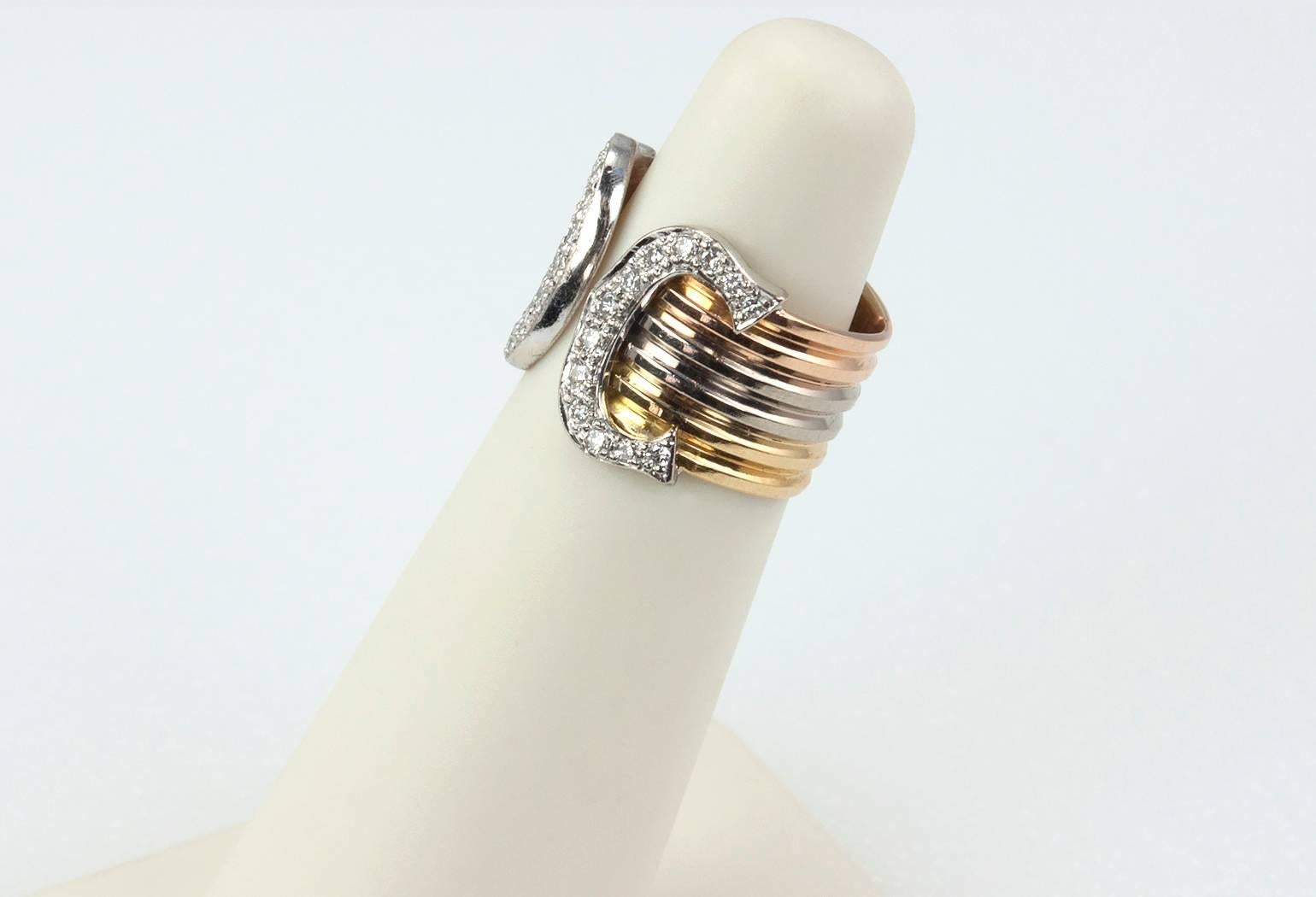 Cartier Diamond Three Color Gold Double C Logo Ring 4