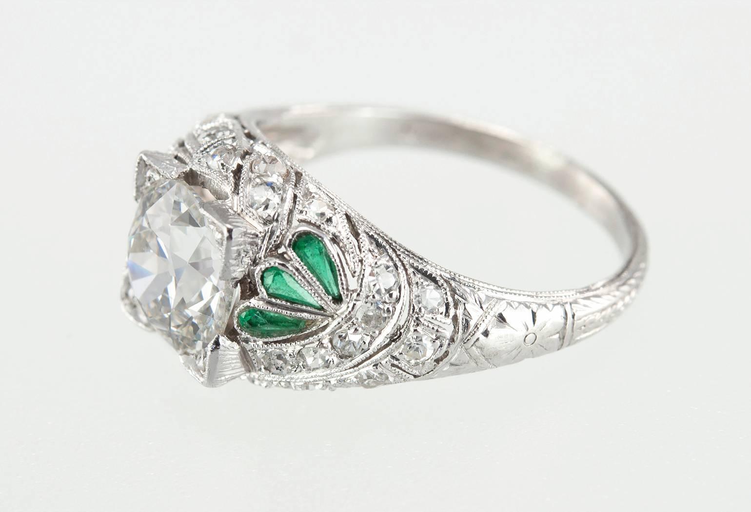 Women's 1.56 Carat Art Deco Old European Cut Diamond Platinum Engagement Ring For Sale