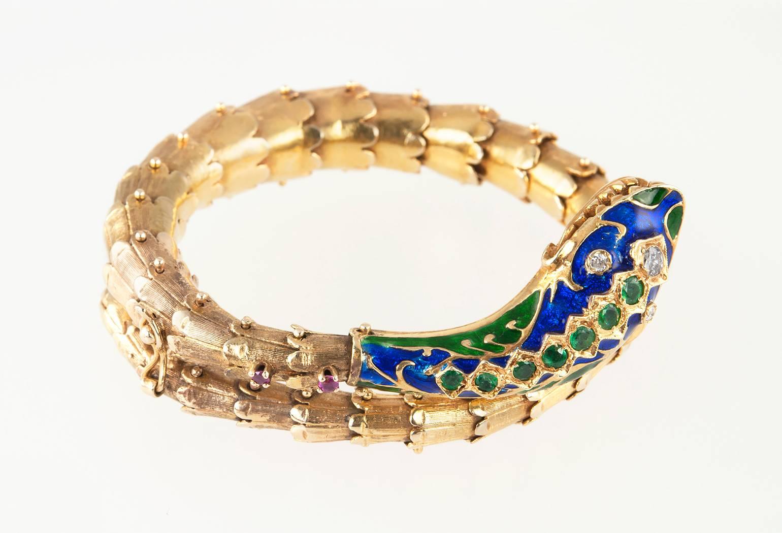 Women's 1950s Enamel Gold Snake Bracelet For Sale