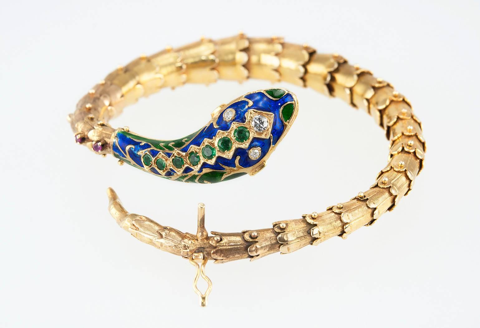 1950s Enamel Gold Snake Bracelet For Sale 2