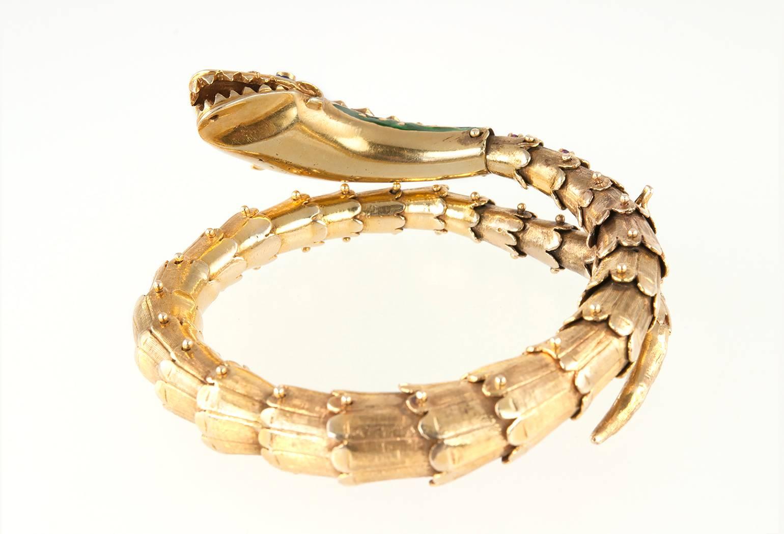 1950s Enamel Gold Snake Bracelet For Sale 4