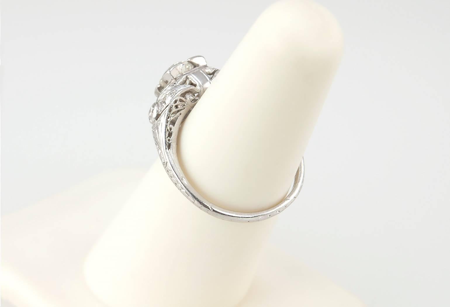 Art Deco 0.64 Carat Old European Cut Diamond Platinum Ring For Sale 4