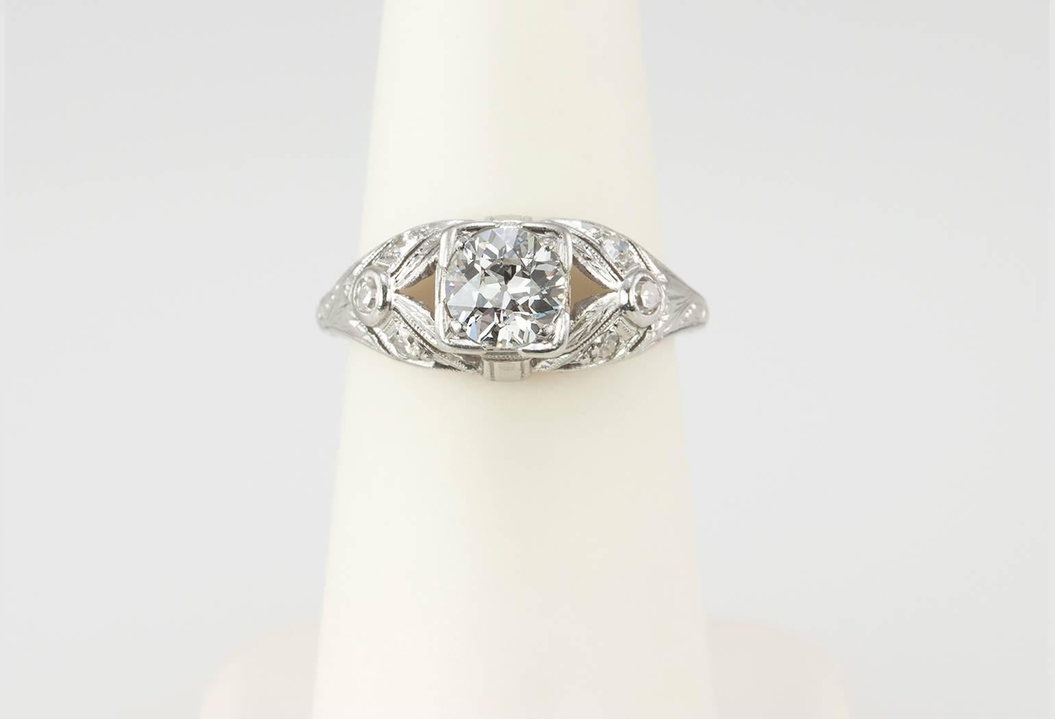 Art Deco 0.64 Carat Old European Cut Diamond Platinum Ring For Sale 2