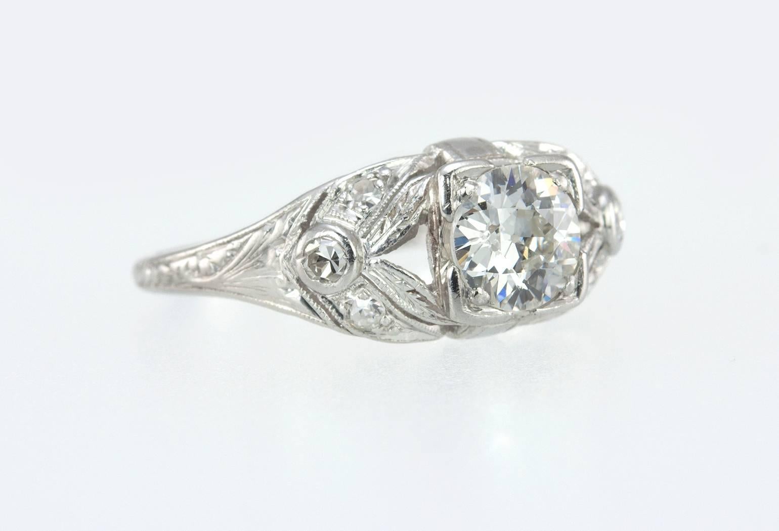 Women's Art Deco 0.64 Carat Old European Cut Diamond Platinum Ring For Sale