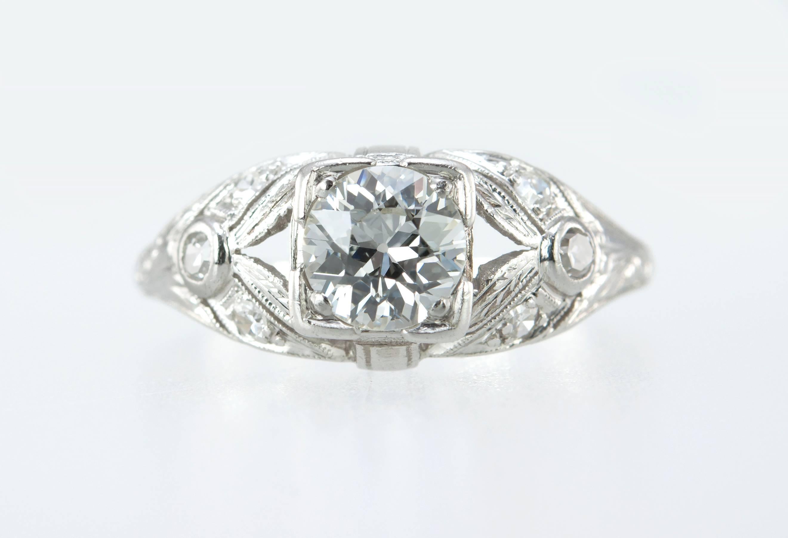 Art Deco 0.64 Carat Old European Cut Diamond Platinum Ring In Excellent Condition For Sale In Los Angeles, CA