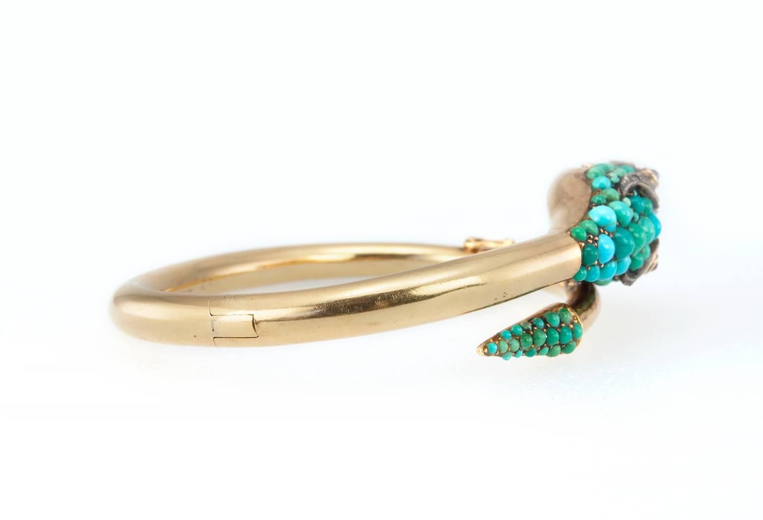 1950s Turquoise Diamond Gold Dragon Bangle Bracelet 4