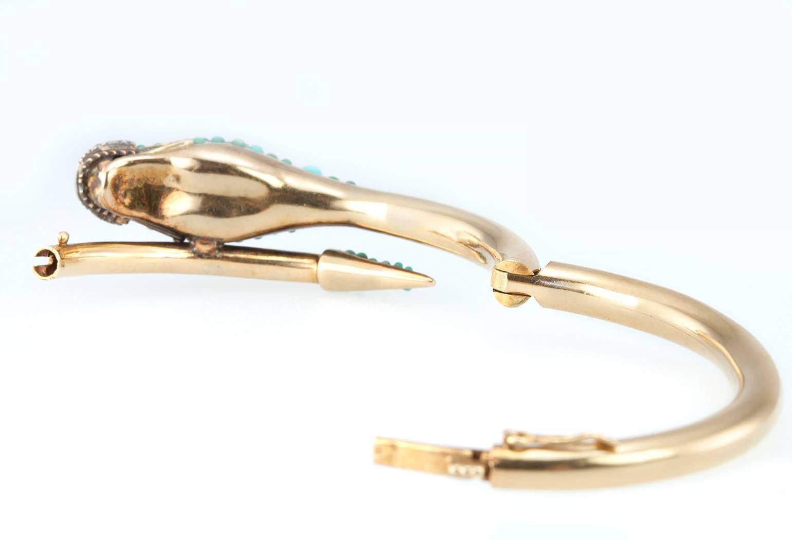 1950s Turquoise Diamond Gold Dragon Bangle Bracelet 5