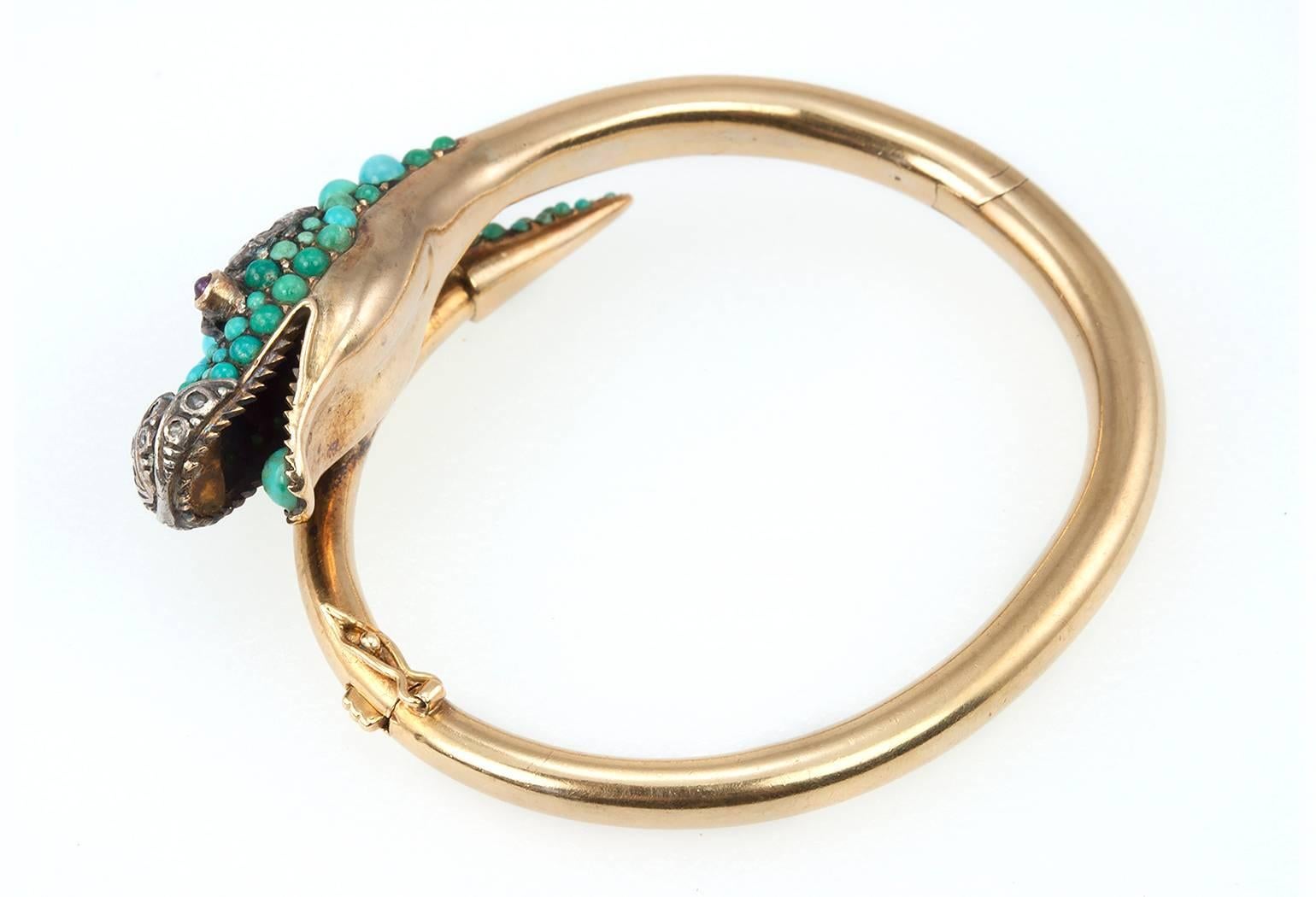 1950s Turquoise Diamond Gold Dragon Bangle Bracelet 6