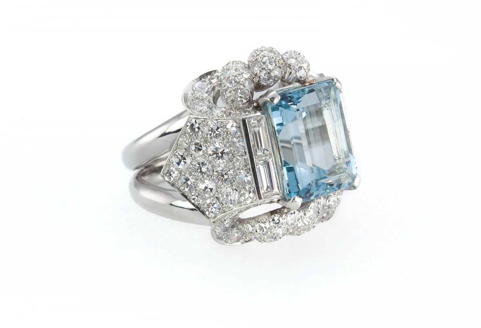 Baguette Cut 1960s Aquamarine Diamond Platinum Ring For Sale